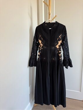 Miss rosier Black Lace-Panel Long Sleeve Midi Dress with Nude Underlay